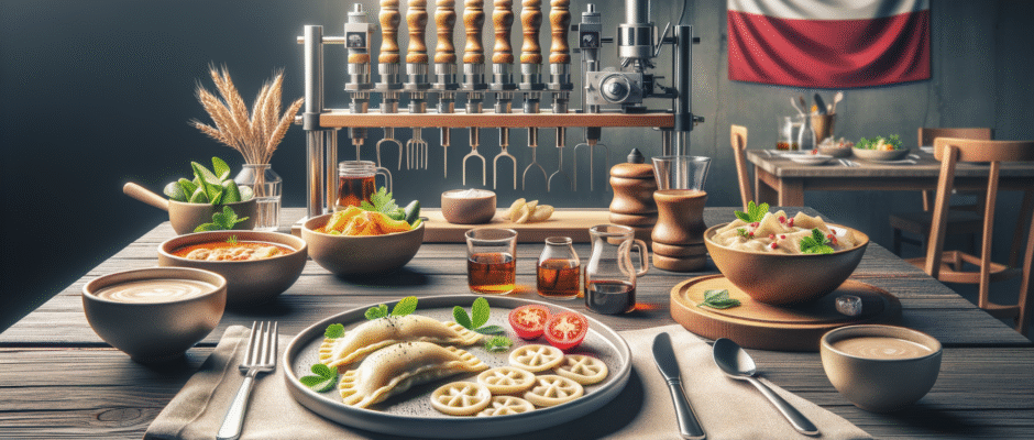 Tradycyjne potrawy opolskie na stole: kluski śląskie, rolada i modra kapusta z regionu Opolszczyzny, w tle lokalne akcenty kulinarne.