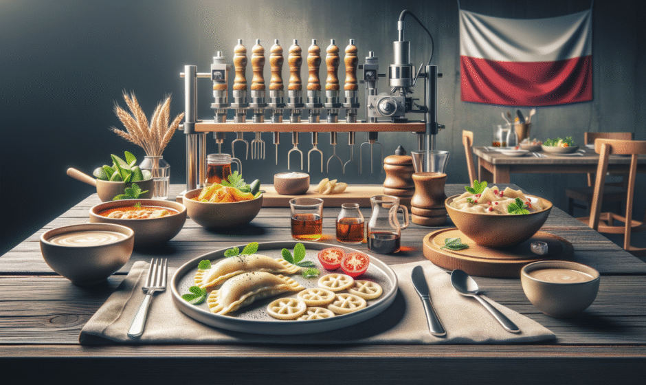 Tradycyjne potrawy opolskie na stole: kluski śląskie, rolada i modra kapusta z regionu Opolszczyzny, w tle lokalne akcenty kulinarne.