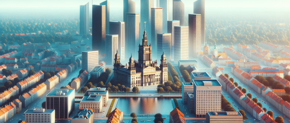 Wizualizacja rozwoju biznesu w województwie opolskim, przedstawiająca spotkanie przedsiębiorców w Opolu, z lokalnymi trendami i wydarzeniami.