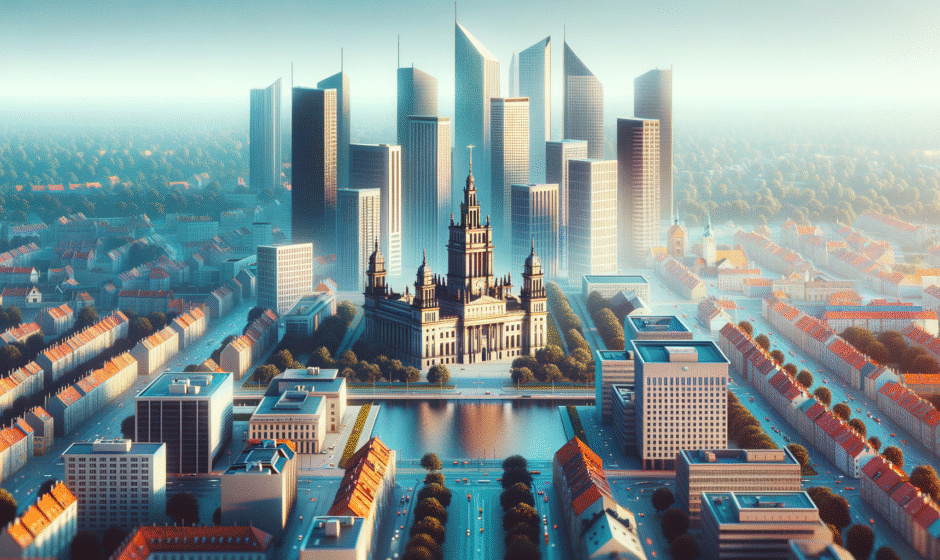 Wizualizacja rozwoju biznesu w województwie opolskim, przedstawiająca spotkanie przedsiębiorców w Opolu, z lokalnymi trendami i wydarzeniami.